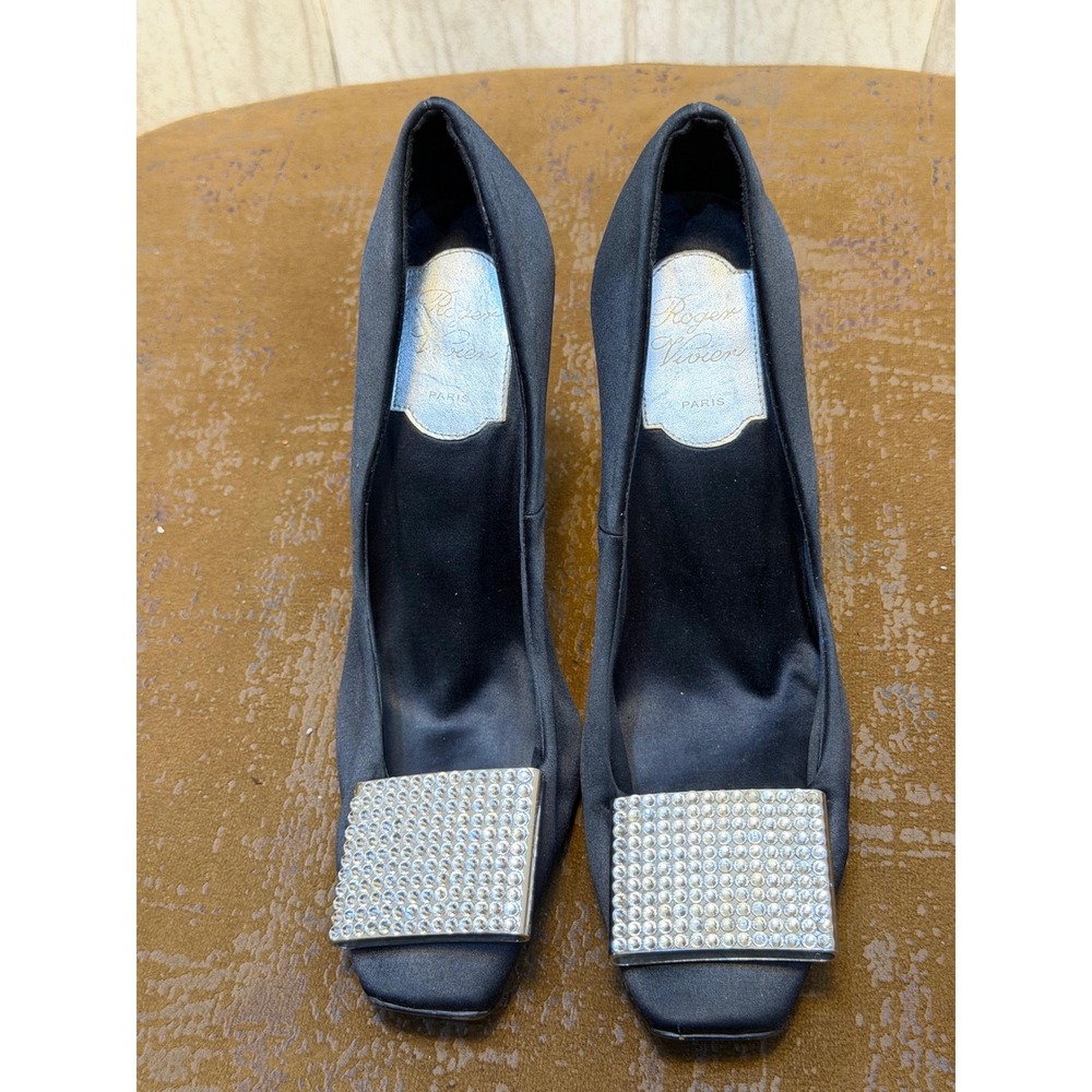 Roger Vivier Black Satin Crystal Buckle Square Toe Pumps Heels Italy Size 37